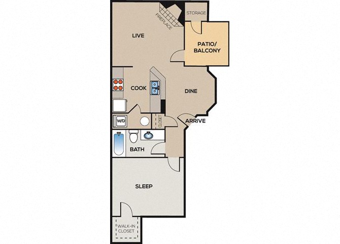 Floor plan for 1 bed, 1 bath, 696 sqft